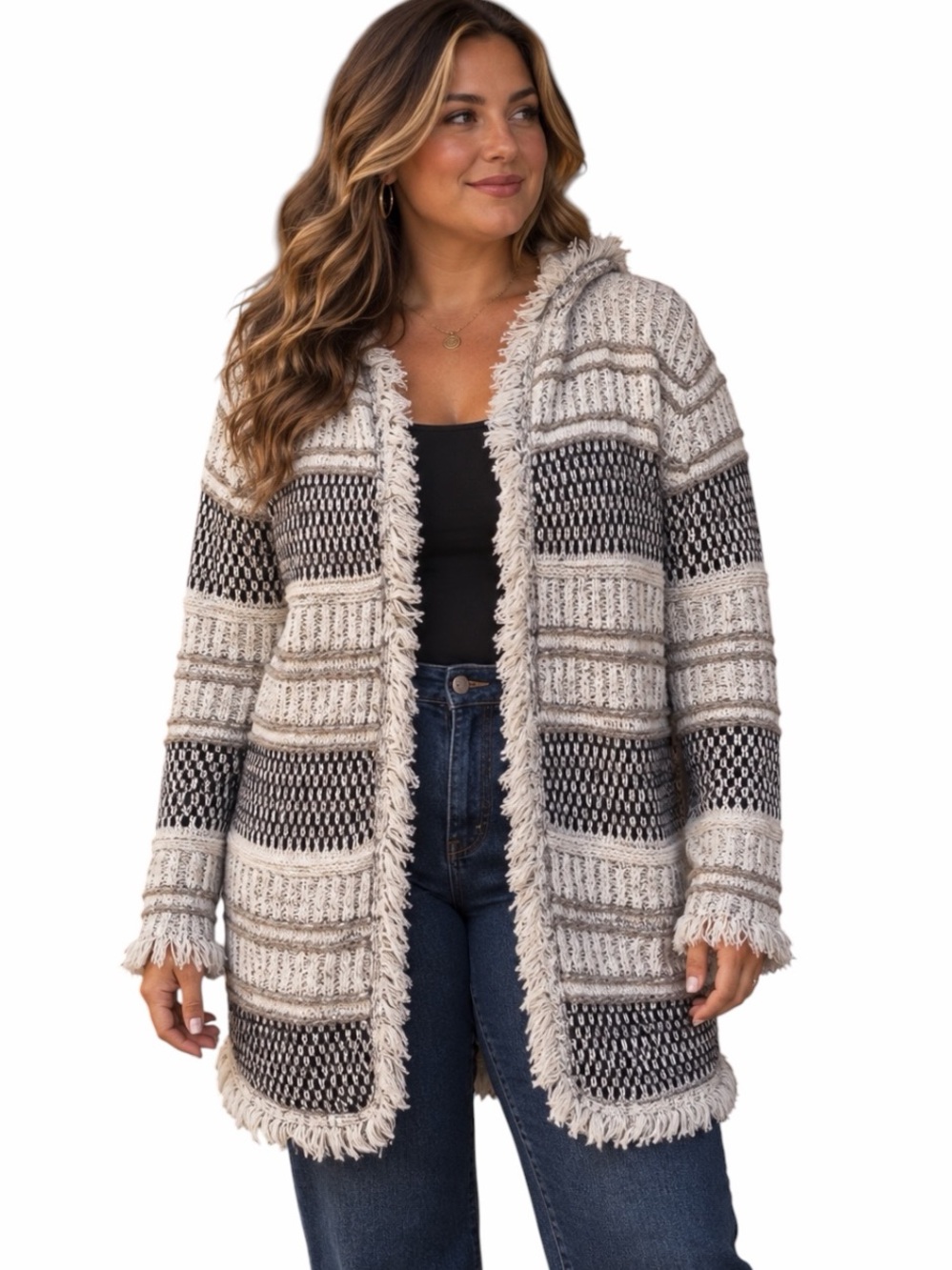 Fylo Large Cream Neutral Fringe Hooded Long Cardigan Fall Winter Layering Cozy